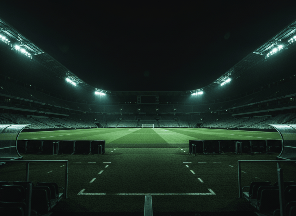 Empty elite football stadium at night from a low angle, dark moody atmosphere, green tinted floodlights, dramatic shadows, cinematic editorial sports photography, premium and motivating tone